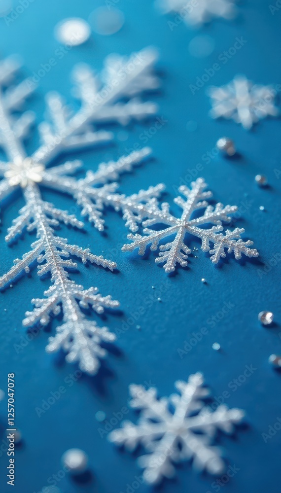 Close-up of intricate snowflakes on a blue card, blue, festive Close-up of intricate snowflakes on a blue card, blue, festive