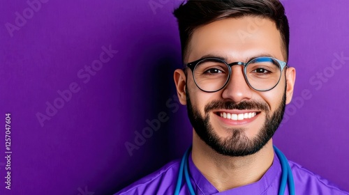Smiling Male Doctor or Healthcare Professional in Purple Scrubs Against Vibrant Purple Background
