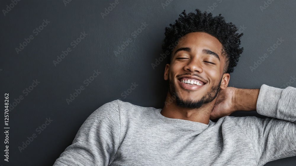 Fototapeta premium Relaxed young African American man against dark background. Perfect for authentic lifestyle, modern portrait, or casual fashion themes.