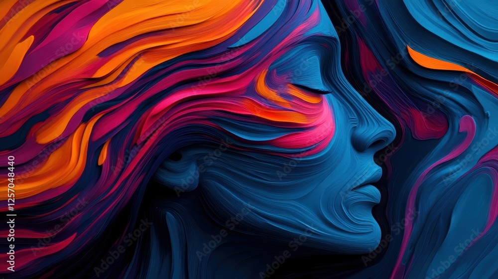Vibrant abstract art depicting a female profile with flowing colors, conveying emotion and movement in a harmonious design. Vibrant abstract art depicting a female profile with flowing colors, conveying emotion and movement in a harmonious design.
