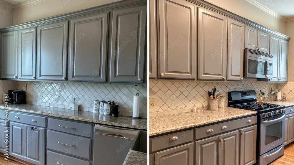 A side-by-side view of a kitchen before and after painting the backsplash tiles. A side-by-side view of a kitchen before and after painting the backsplash tiles.
