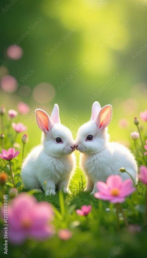 Obraz premium Fluffy white bunnies nestled amongst vibrant blooms in a sun-drenched meadow , blue, white rabbit