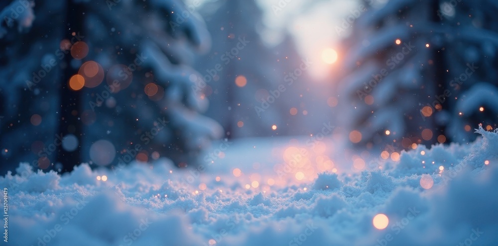 Naklejka premium Glimmering lights pierce a soft, snowy haze; abstract winter scene , lights, backdrop, pattern
