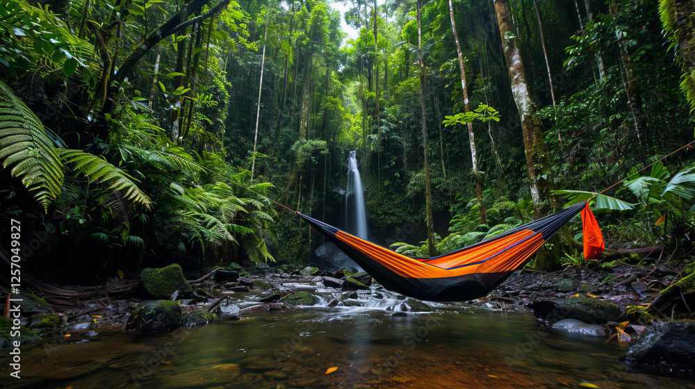 Fototapeta premium Hammock Haven by Waterfall: An orange hammock hangs serenely between lush rainforest trees, gently suspended above a tranquil stream flowing towards a cascading waterfall.