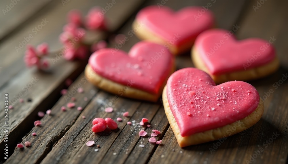 Handcrafted heart cookies on aged wood, soft light, intimate setting , valentine, photography Handcrafted heart cookies on aged wood, soft light, intimate setting , valentine, photography