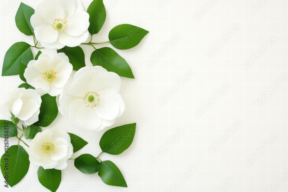 Fototapeta premium Elegant White Flowers and Green Leaves on Soft Background