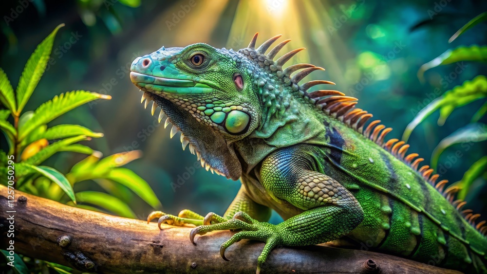 Colorful Iguana on Tree Branch in Lush Jungle Environment Colorful Iguana on Tree Branch in Lush Jungle Environment