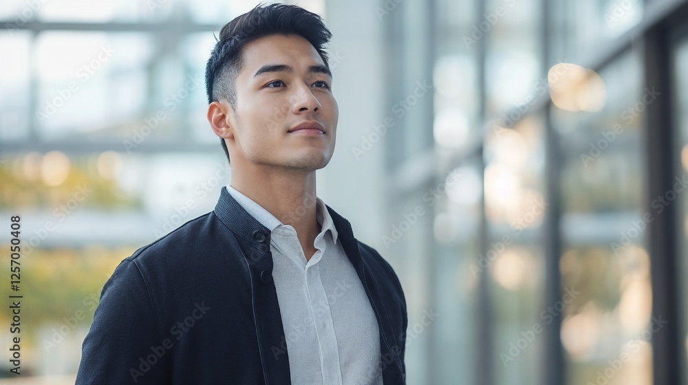 Young Asian professional against modern architecture. Suitable for corporate success, urban achievement, or business leadership themes. Young Asian professional against modern architecture. Suitable for corporate success, urban achievement, or business leadership themes.