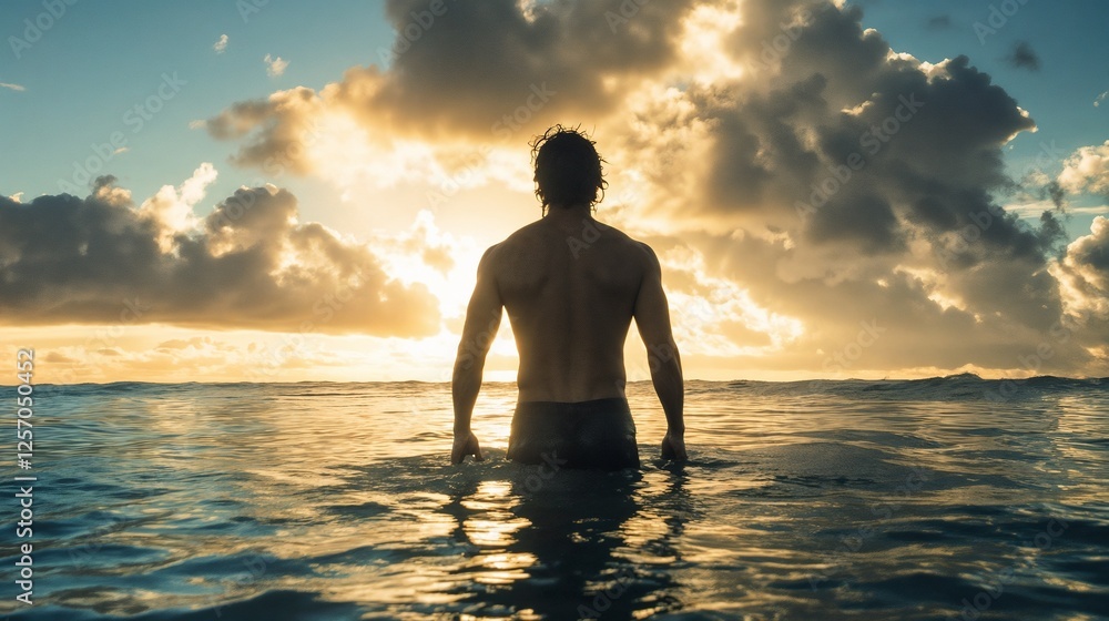 Silhouetted figure in ocean at sunset. Suitable for wellness lifestyle, natural freedom, or spiritual connection themes. Silhouetted figure in ocean at sunset. Suitable for wellness lifestyle, natural freedom, or spiritual connection themes.