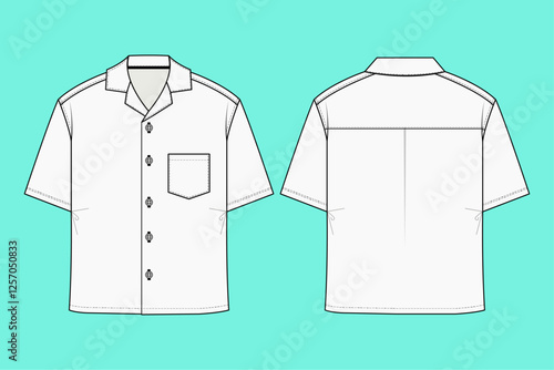  Mens revere collar short-sleeve casual shirt flat sketch.