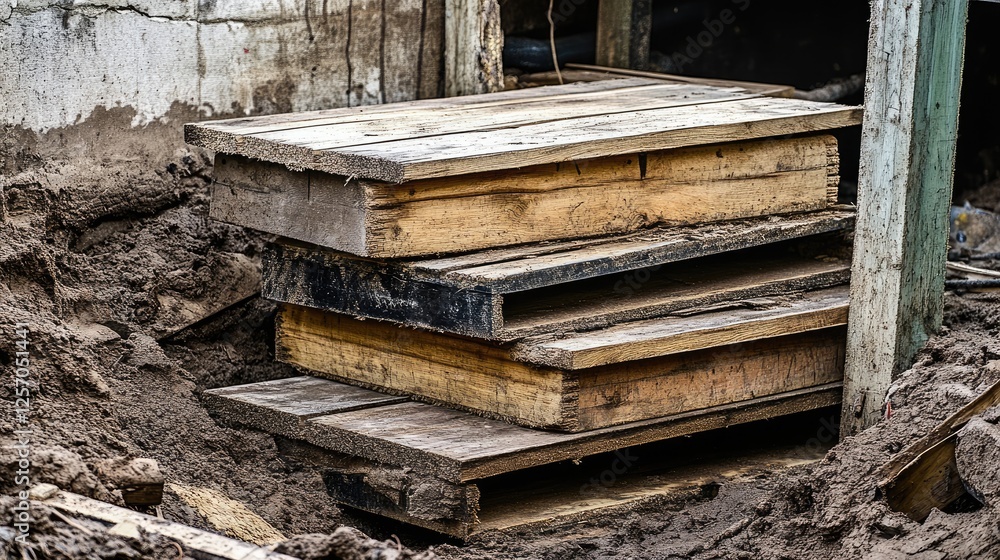 A stack of replacement wooden planks next to a partially removed floor section. A stack of replacement wooden planks next to a partially removed floor section.