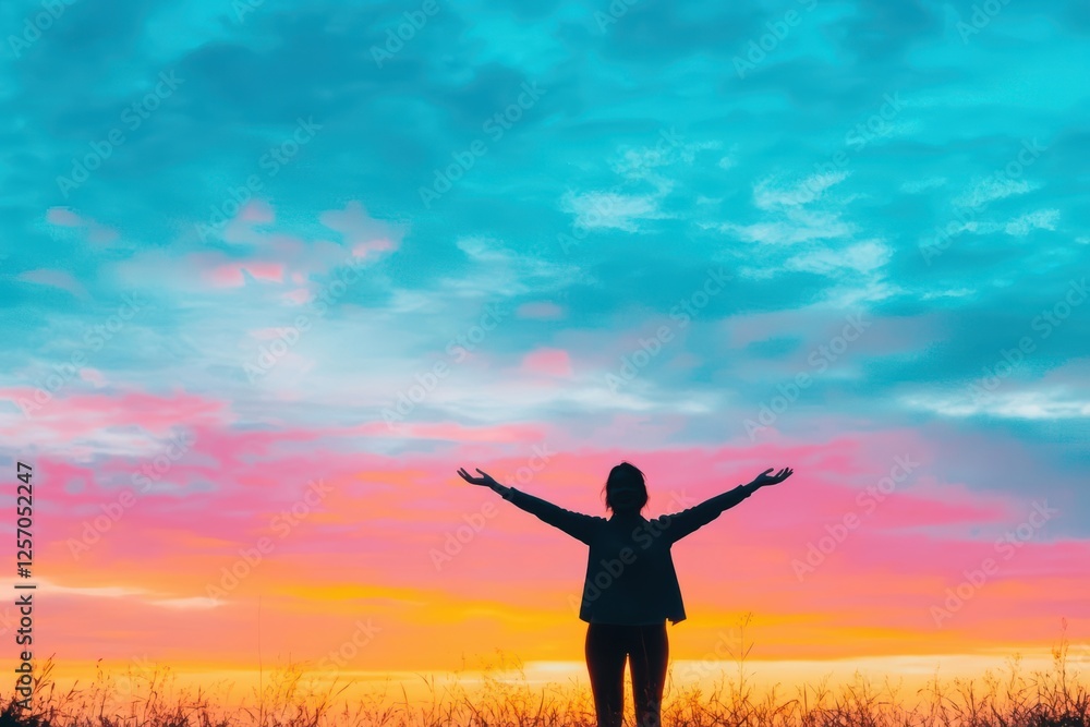 Woman standing in a field with arms outstretched against a clear sky Woman standing in a field with arms outstretched against a clear sky