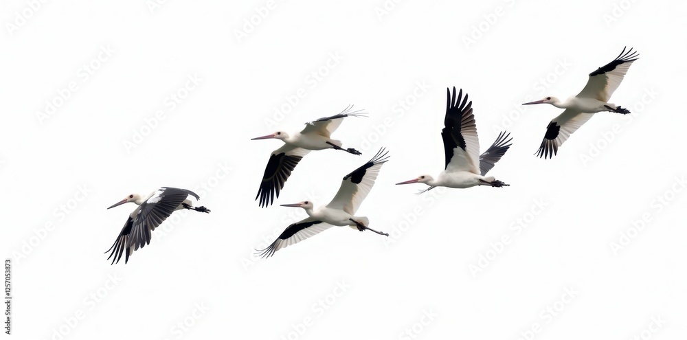Obraz premium Several storks airborne, isolated, sharp detail, crisp white backdrop , wildlife photography, bird collection, nature