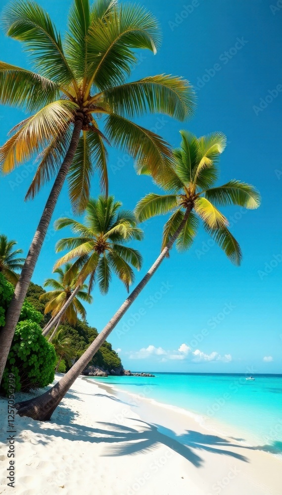 Obraz premium Slender palm trees sway gently on a white sand beach, turquoise ocean beyond , horizon, vibrant