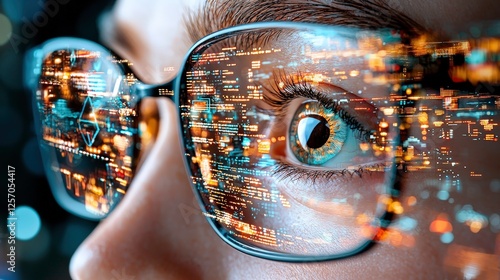 close up of person eye with glasses reflecting digital data and city lights, symbolizing technology and information overload