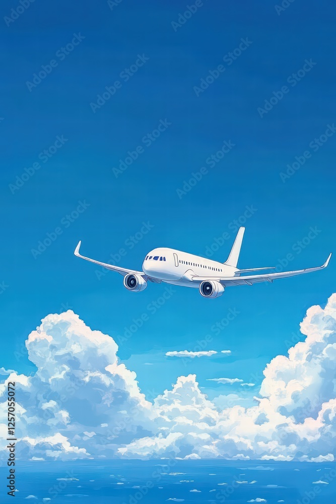 Obraz premium Airplane Flying Above Fluffy White Clouds Under Clear Blue Sky