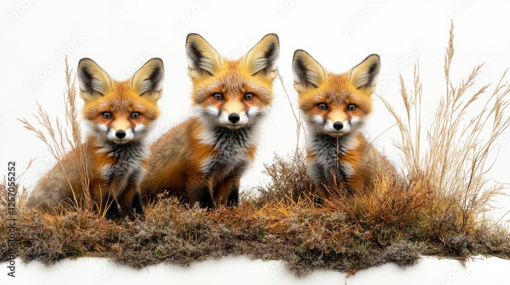 Obraz premium Three adorable red foxes sitting together on a grassy mound with a neutral background