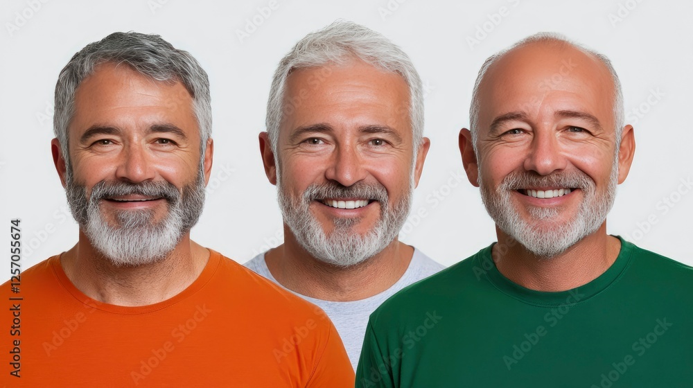 Three Mature Men with Different Hairstyles and Smiling
