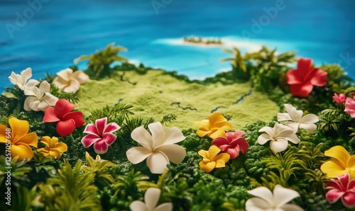 Wallpaper Mural Tropical island model, vibrant flowers, ocean background, travel brochure Torontodigital.ca