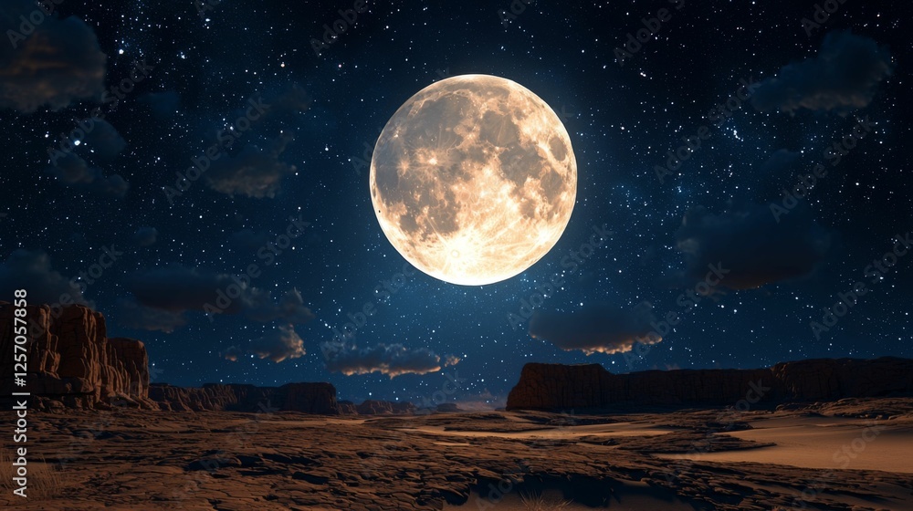 Stunning Night Sky with Full Moon Over Desert Landscape and Starry Background Stunning Night Sky with Full Moon Over Desert Landscape and Starry Background