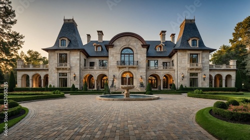 A grand European-style real estate with intricate stonework