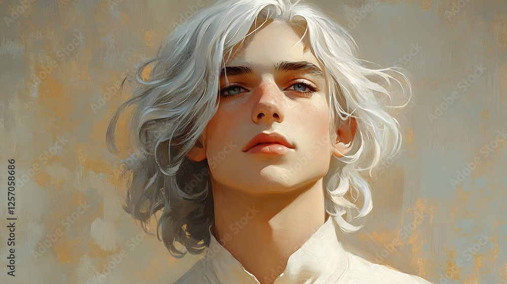 Fototapeta premium Serene Portrait Warm Light Young Man. AI Generated