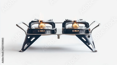 Portable camping stove, two burners, clean design, outdoor cooking photo