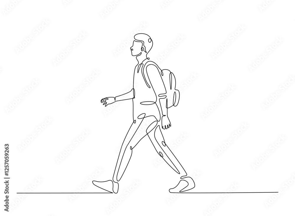 Young man from college or university with backpack in continuous one line drawing. Backpacker and student concept line draw. Editable vector. Young man from college or university with backpack in continuous one line drawing. Backpacker and student concept line draw. Editable vector.