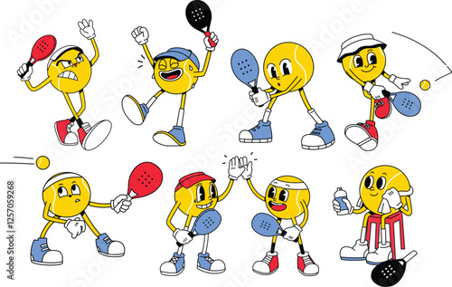 A fun and lively cartoon-style illustration of a padel ball character in action, featuring rackets, expressive faces, and dynamic movements. Great for padel clubs, sports 