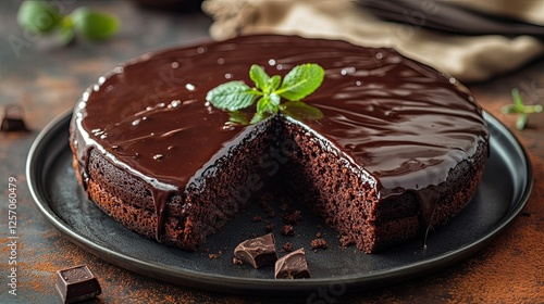 Richly glazed, decadent chocolate cake on a plain surface, displaying a delectable treat ideal for any celebration