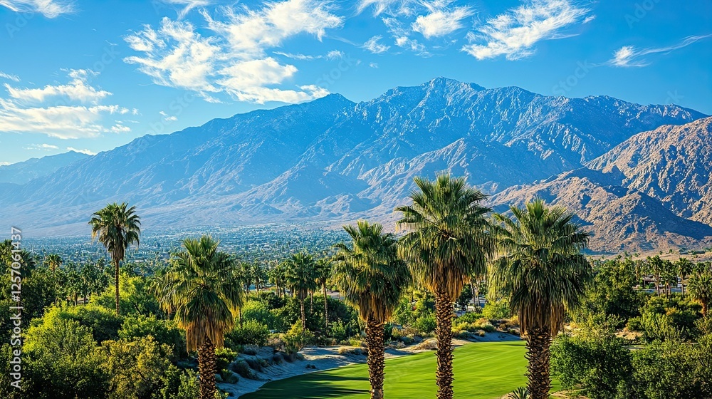 Palm Springs, Coachella Valley, California: palm trees with a view of the desert mountains Palm Springs, Coachella Valley, California: palm trees with a view of the desert mountains