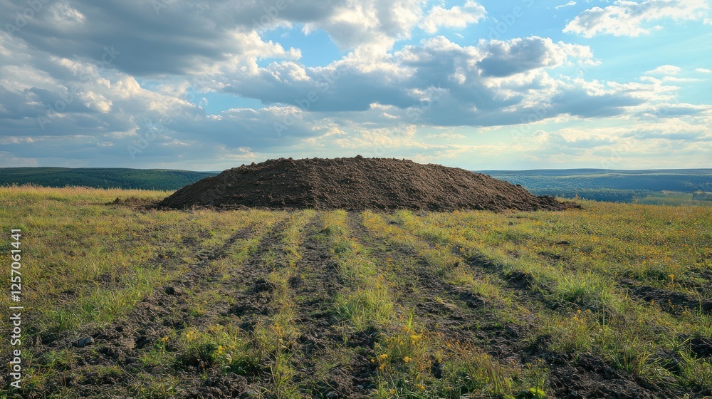 Fototapeta premium Rural field, soil pile, cloudy sky, farmland, agriculture