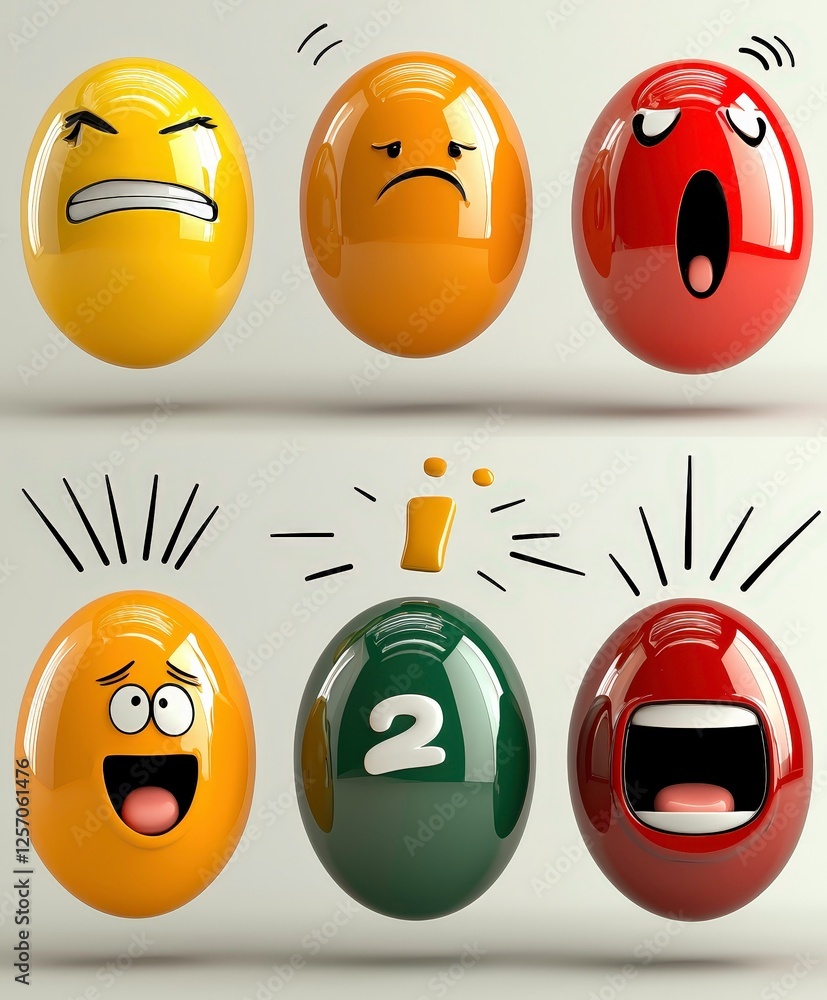 Obraz premium Animated dialogue bubbles with emotional expressions, featuring various colorful faces displaying different emotions such as anger, sadness, surprise, and happiness. image includes numbers and