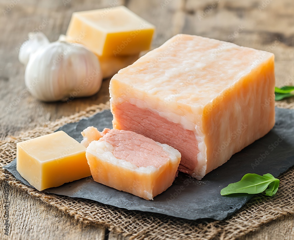 Sliced ham block, garlic, rustic wood Sliced ham block, garlic, rustic wood