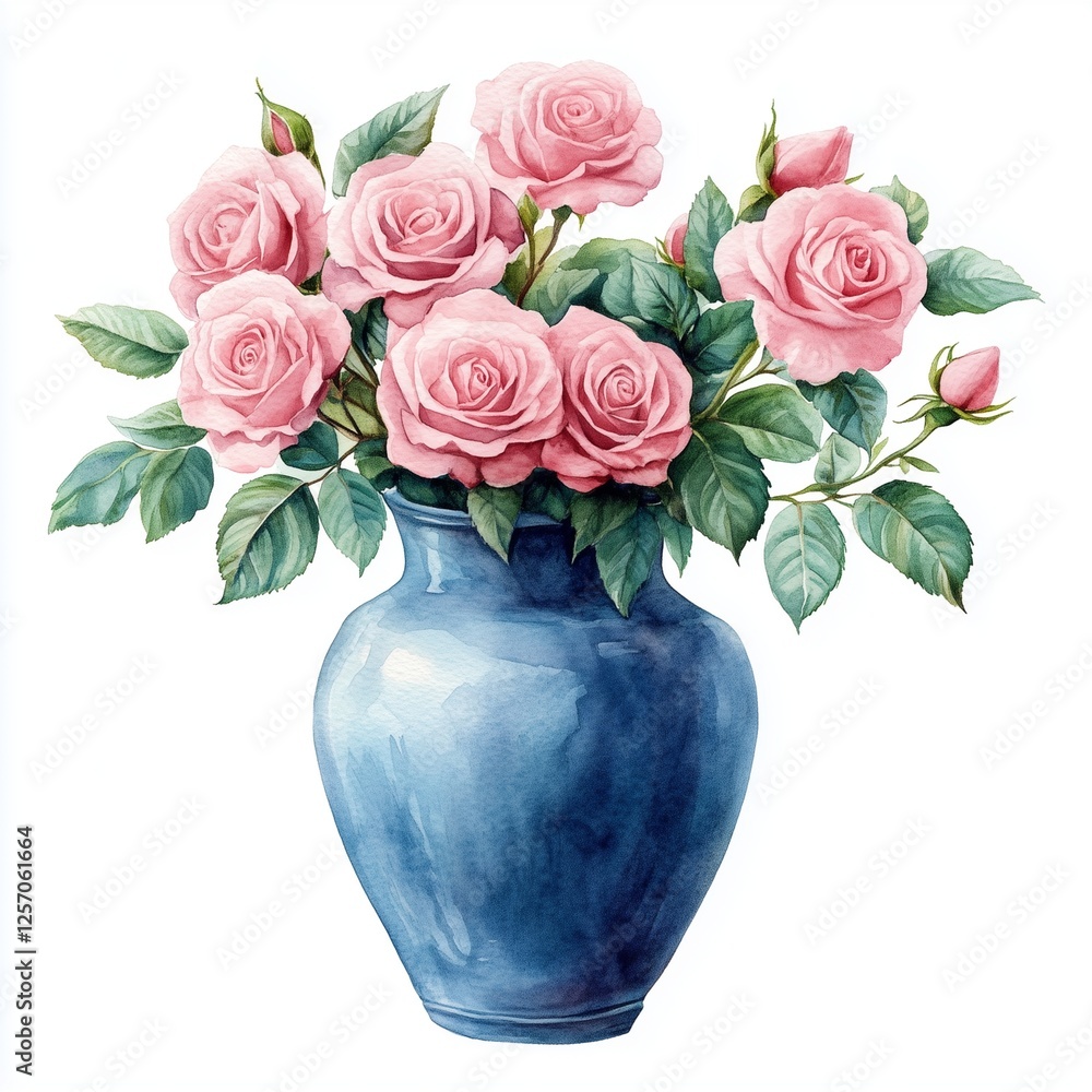 Fototapeta premium waterccolor A vintage blue vase filled with fresh pink