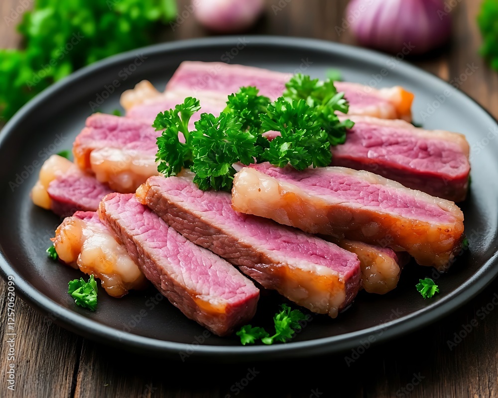 Sliced rare steak, wooden table, garlic, parsley Sliced rare steak, wooden table, garlic, parsley