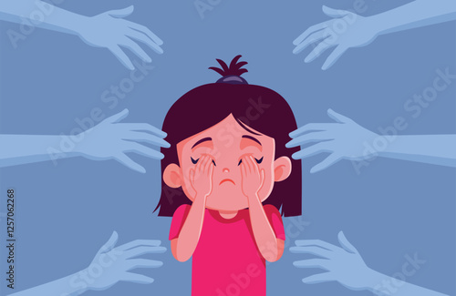 Mean People Making a Little Girl Feel Insecure Vector Character.  Child feeling anxiety and depression being singled out 
