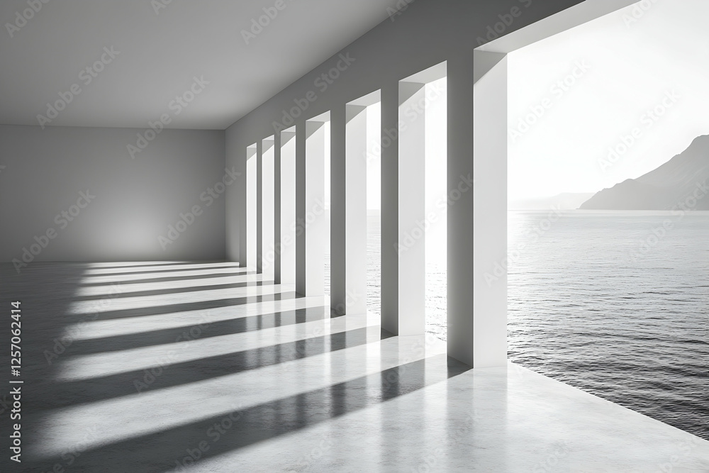 Obraz premium Modern seaside building interior, sunlight, ocean view, calm
