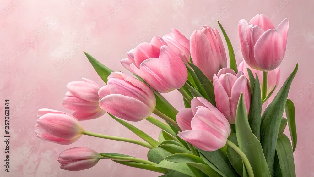 Pink Tulips Delicate Bloom: A cluster of delicate pink tulips with their graceful curves and soft pastel hues creates a romantic and elegant visual against a soft pink background. Pink Tulips Delicate Bloom: A cluster of delicate pink tulips with their graceful curves and soft pastel hues creates a romantic and elegant visual against a soft pink background.