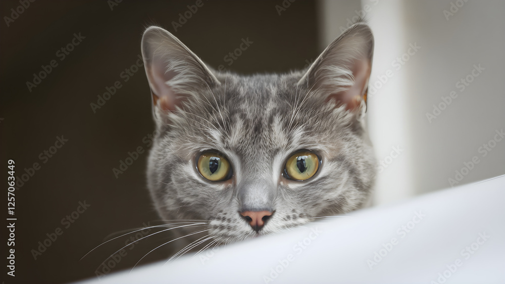 Fototapeta premium Curious gray cat peeking over a white surface.