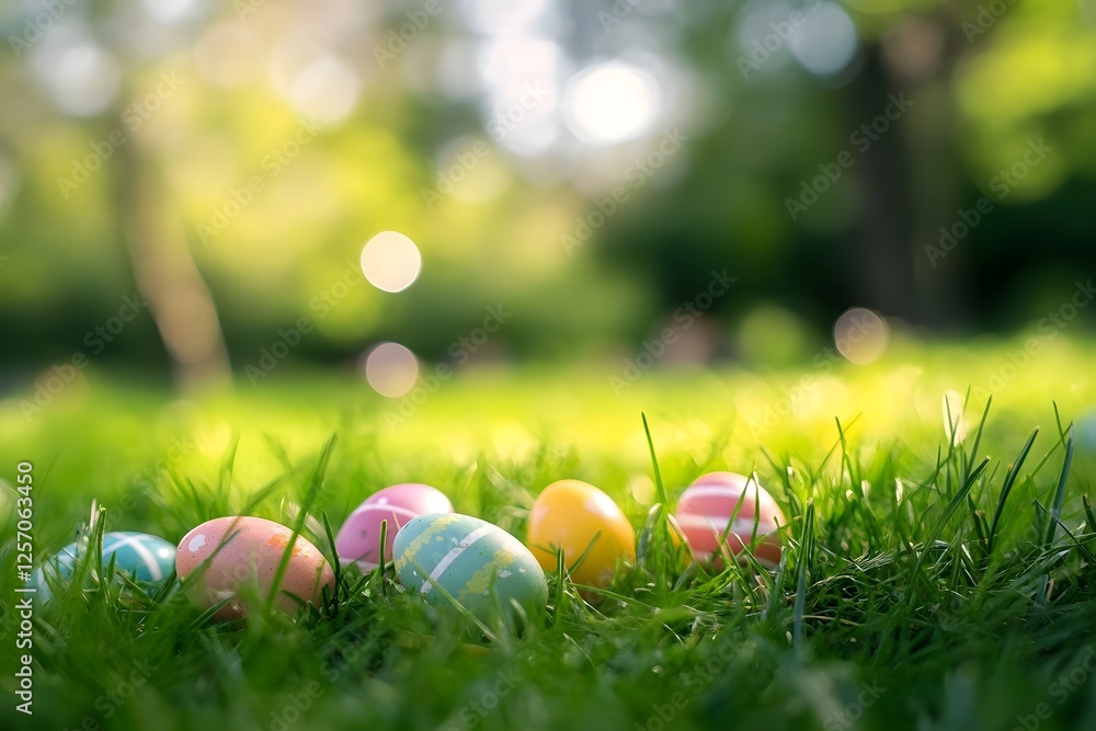 Fototapeta premium Children Excitedly Hunting for Hidden Easter Eggs in Lush Park