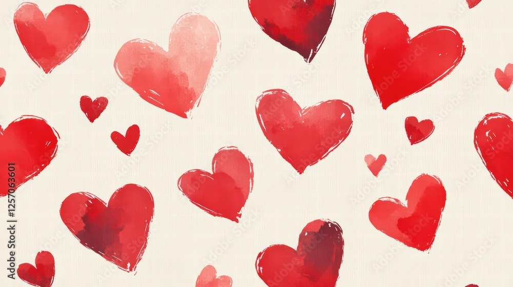 Romantic Heart Patterns in Red and Pink Watercolor on Beige Background Romantic Heart Patterns in Red and Pink Watercolor on Beige Background