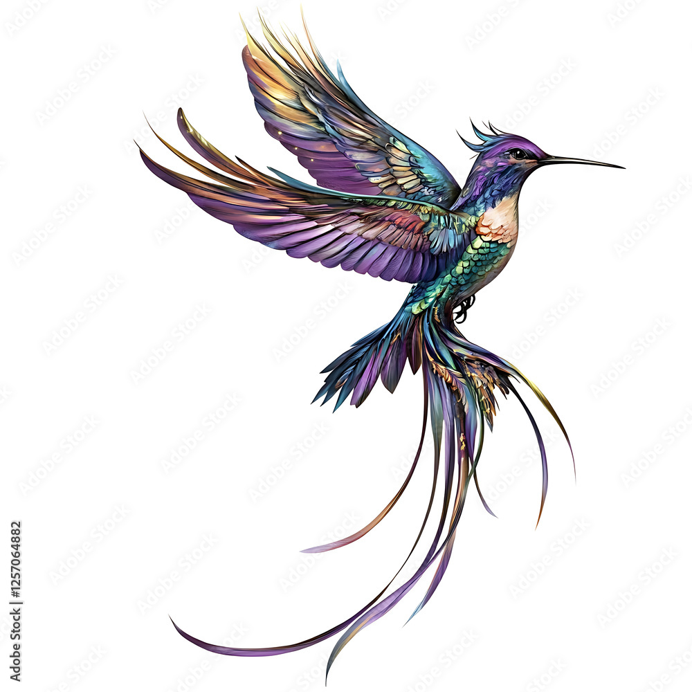 Obraz premium Realistic flying hummingbird with spread wings isolated on white background PNG.AI GENERATED