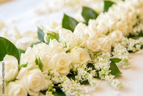 Elegant white rose bouquet in floral arrangement on wooden table with natural greenery backdrop