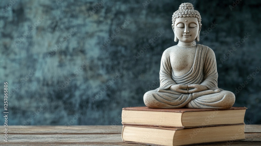 Serene Buddha Statue on Stack of Books with Rustic Background