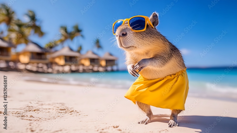 Obraz premium A capybara wearing sunglasses and a yellow skirt stands on a sandy beach with a tropical backdrop, exuding a fun and summery vibe.