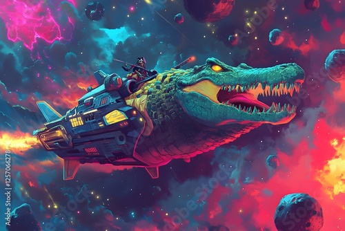 Futuristic Crocodile Pirate Soaring Through Neon Hued Cosmic Dreamscape on Dragon Shaped Spaceship photo