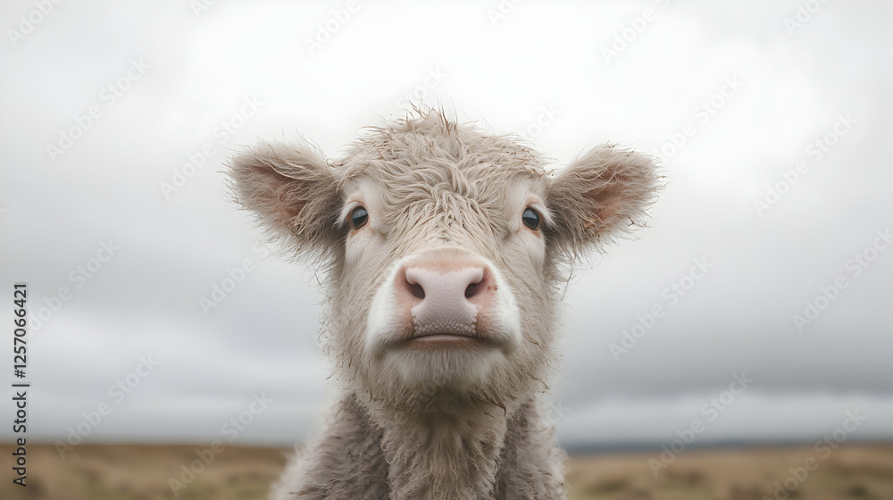 Fototapeta premium Calf portrait, cloudy field background, rural farm scene