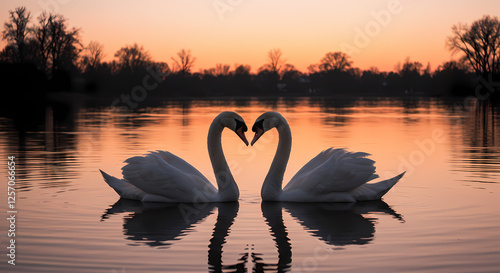 Fototapeta Naklejka Na Ścianę i Meble -  two swans making a heart shape sunset landscape generative ai digital illustration