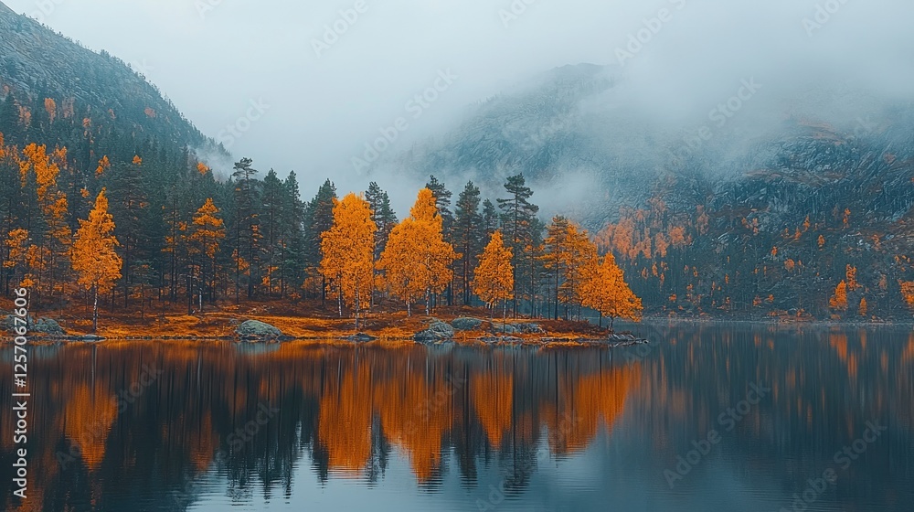 Autumnal Trees Mirrored In A Calm Mountain Lake Autumnal Trees Mirrored In A Calm Mountain Lake